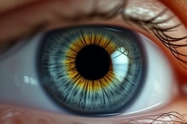 Close-up of a human eye with a glowing macula representation, symbolizing eye health and scientific precision.